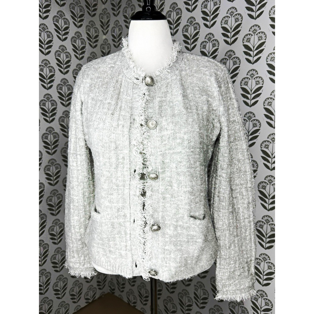 Express Gray Women's Jacket Crested Button Front Fringe Trim L Sweater Blazer